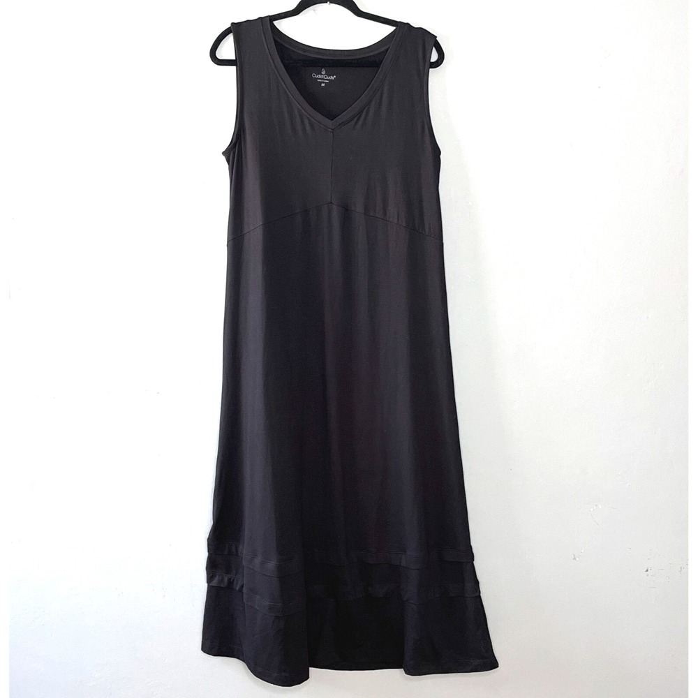 Cuddle Duds Sleeveless Maxi Dress M Black V-Neck Tiered Hem Soft Stretch Daily